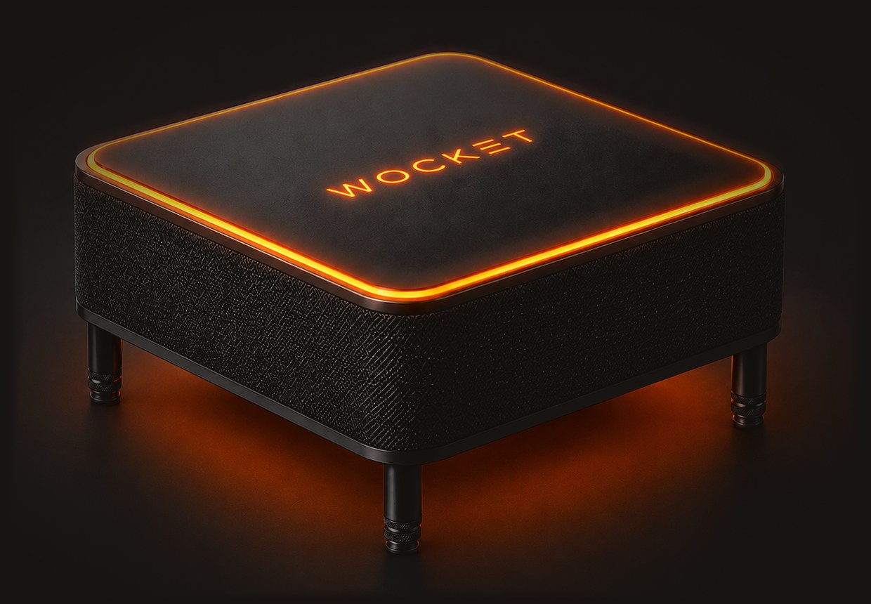 Wocket: a small square speaker with a dark fabric body, a soft-touch top plate, and a glowing orange ring around the edge of the top.