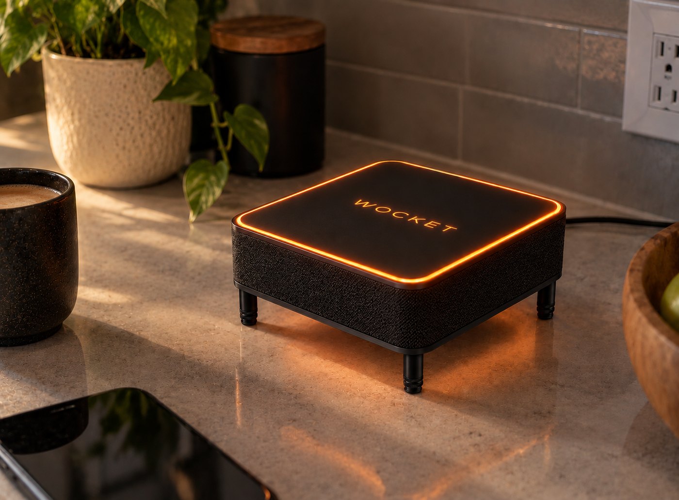 Wocket on a kitchen counter beside a plant and a coffee cup, its orange ring lit while it listens.